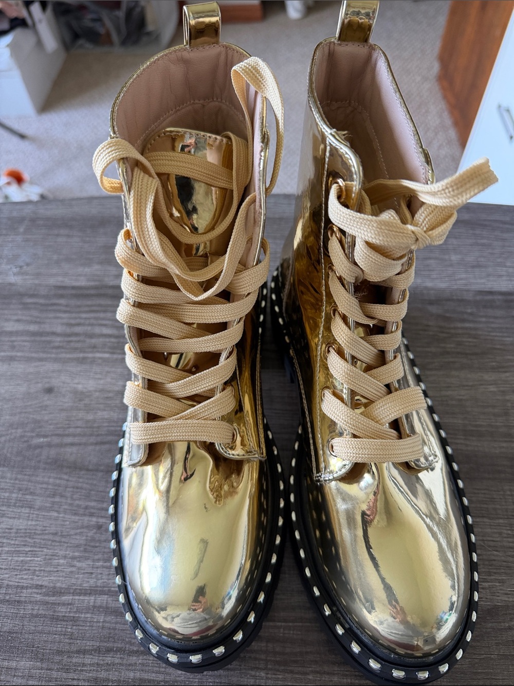 Chase + Chloe Gold Metallic Lace-Up Combat Boots with Beige Laces